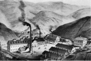 GOULD & CURRY SILVER MINING COMPANY’S MILL VIRGINIA CITY, NEVADA. From a lithograph published in 1864