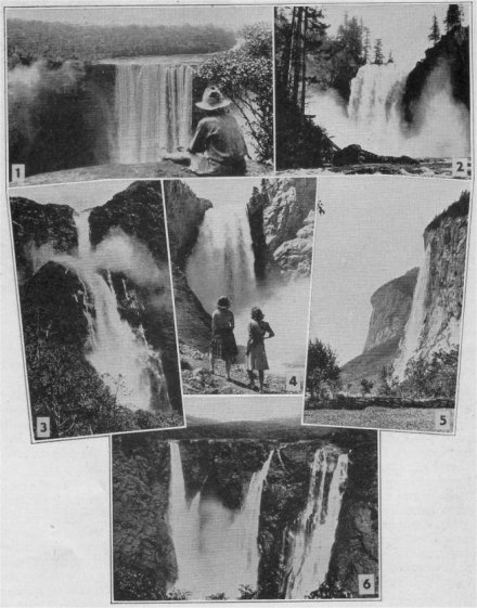 1—Kaieteur Fall, British Guiana (Brekenridge, Black Star). 2—Snoqualmie Falls, Washington (courtesy Puget Sound Power and Light Co., Seattle). 3—Sutherland Falls, New Zealand (New Zealand Government Publicity photo). 4—Upper Yellowstone Fall (National Park Service, Yellowstone National Park). 5—Staubbach Fall, Switzerland (Ewing Galloway, N. Y.). 6—Gersoppa Falls, India (Ewing Galloway, N. Y.)