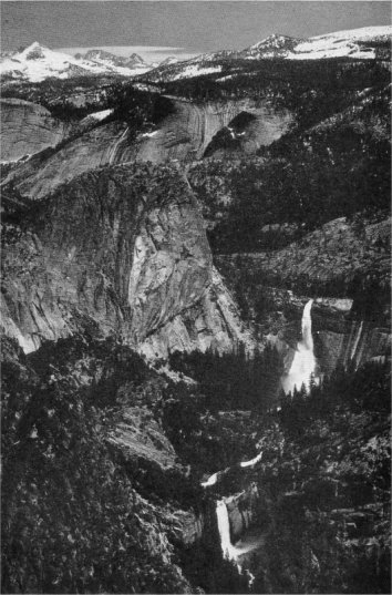 Vernal and Nevada Falls from Glacier Point (Courtesy of the Yosemite Park and Curry Co.). Photo by Ansel Adams