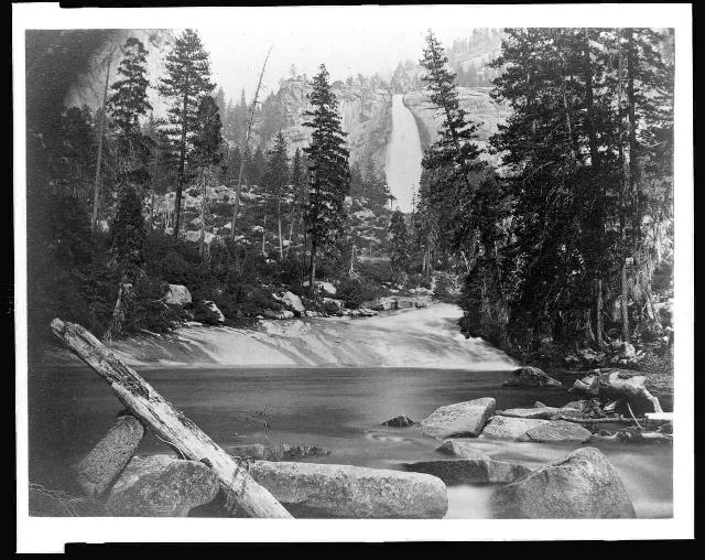 Stream and trees with Nevada Fall in background