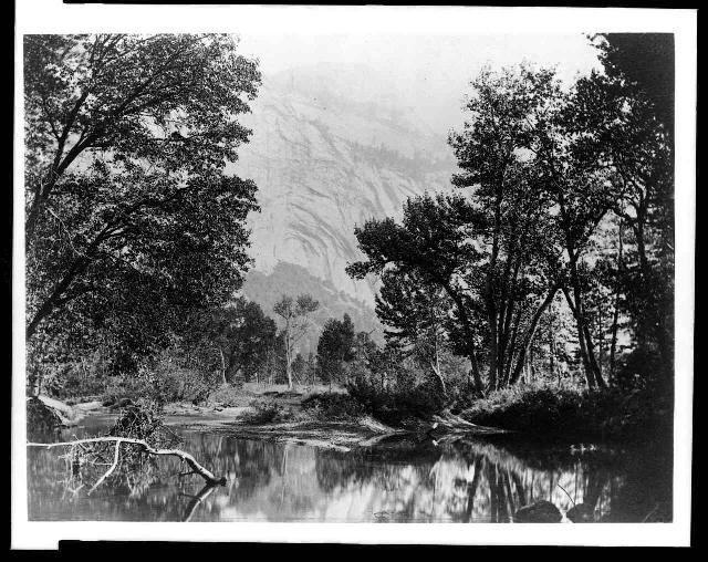 Reflection of trees and North Dome in stream