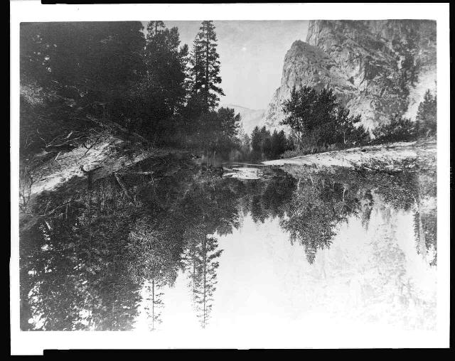 Reflection of trees and mountains in lake