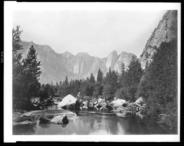 Stream with trees and mountains in background, Yosemite Valley