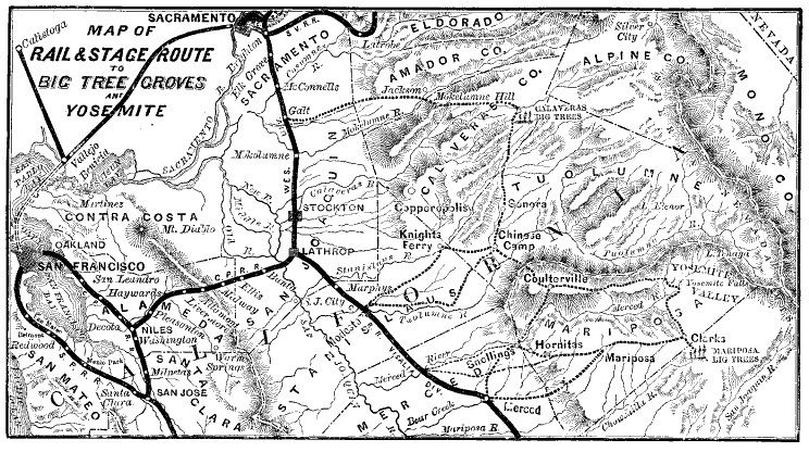 Map of Rail & Stage Route to Big Tree Groves and Yosemite