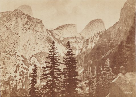 XX. Scene from Toloolweack Canon, or South branch of the Merced. The Half Dome, Wild Cat Fall, Mount Broderick, and Vernal Fall.