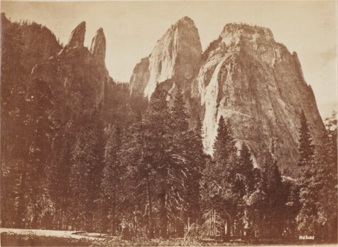 V. Poosenachucka, (Large Acorn Cache) Cathedral Rocks and Spires, from the North-east, a mile distant, about 3,000 feet above the Valley.