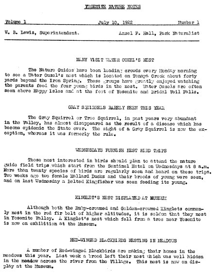 First Issue of Yosemite Nature Notes, July 10, 1922