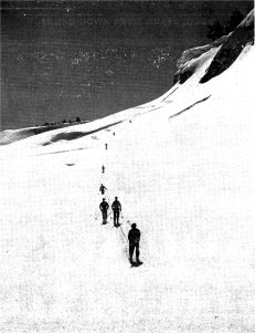 Skiing down Horse Ridge, near Ostrander Lake Ski Hut