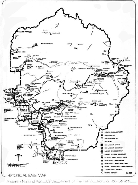 Historical Base Map No. 4. Yosemite National Park, showing roads, structures, sites, and archeological and historic districts