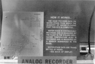 Illustration 134. Gauge at Happy Isles with interpretive information. It states that this spot was selected as a national hydrologic benchmark because of its location in a national park on a stream largely unaffected by man. Recordings are made of water stages and temperatures and samples collected for analysis of dissolved minerals and gases, trace metals, bacteria, and suspended sediment. Photos by Robert C. Pavlik, 1985, and Linda W. Greene, 1984