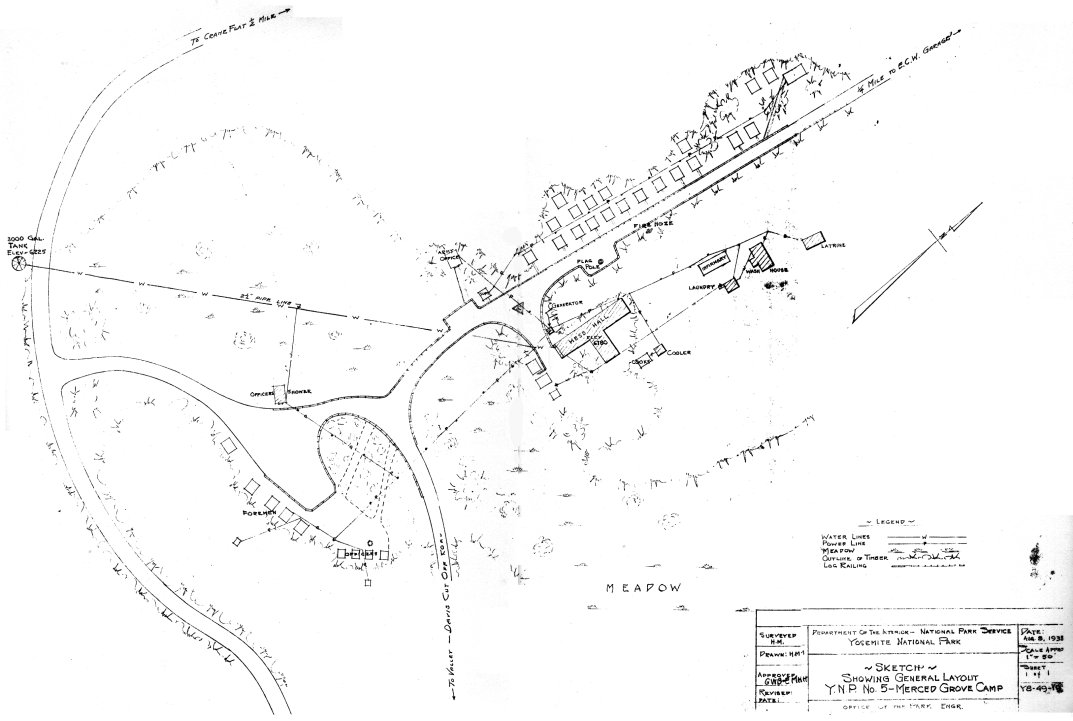 Illustration 137. Sketch of Merced Grove CCC camp, 1935. Yosemite National Park Research Library and Records Center