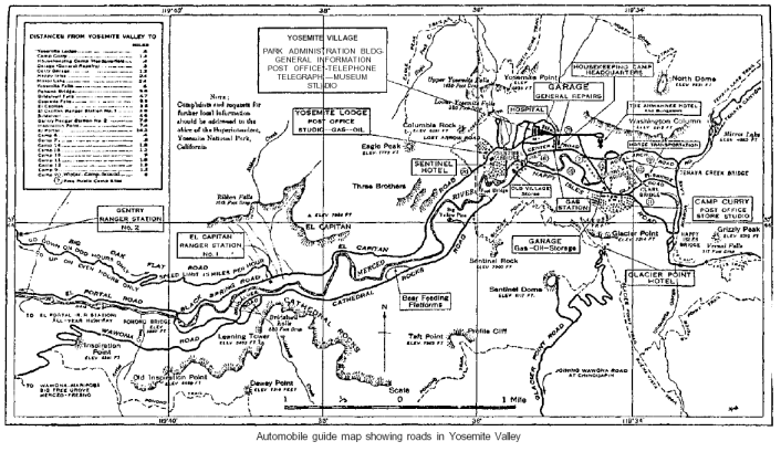 Illustration 139. Automobile guide map showing roads in Yosemite Valley. From Circular of General Information Regarding Yosemite National Park, California, USDI, 1931