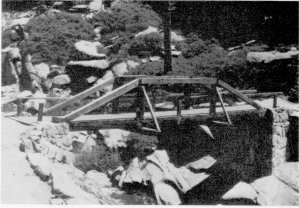 Illustration 151. Wooden truss bridge over Yosemite Creek above waterfall, enroute to Yosemite Point. Photo by Robert C. Pavlik, 1985-86