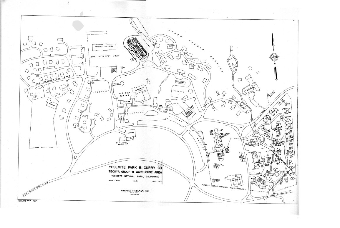 Illustration 233. Tecoya group and warehouse area of Yosemite Park and Curry Company in Yosemite Valley, 1972. NPS, Denver Service Center files