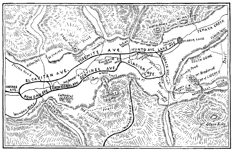 Illustration 40. Yosemite Valley roads and structures. Frontispiece, Biennial Report of the Commissioners, 1887-88