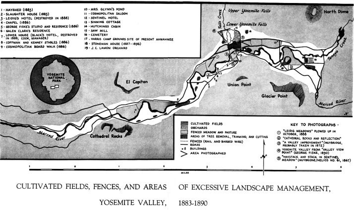 Illustration 41. Cultivated fields, fences, and areas of excessive landscape management, Yosemite Valley, 1883-1890