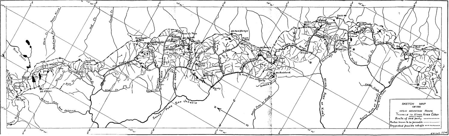 Illustration 56. Sketch map of the High Mountain Route, Yosemite to the King's River Canyon, 1908. From LeConte, ''The High Mountain Route Between Yosemite and the King's River Canon,'' Sierra Club Bulletin 7, no. 1 (January 1909)