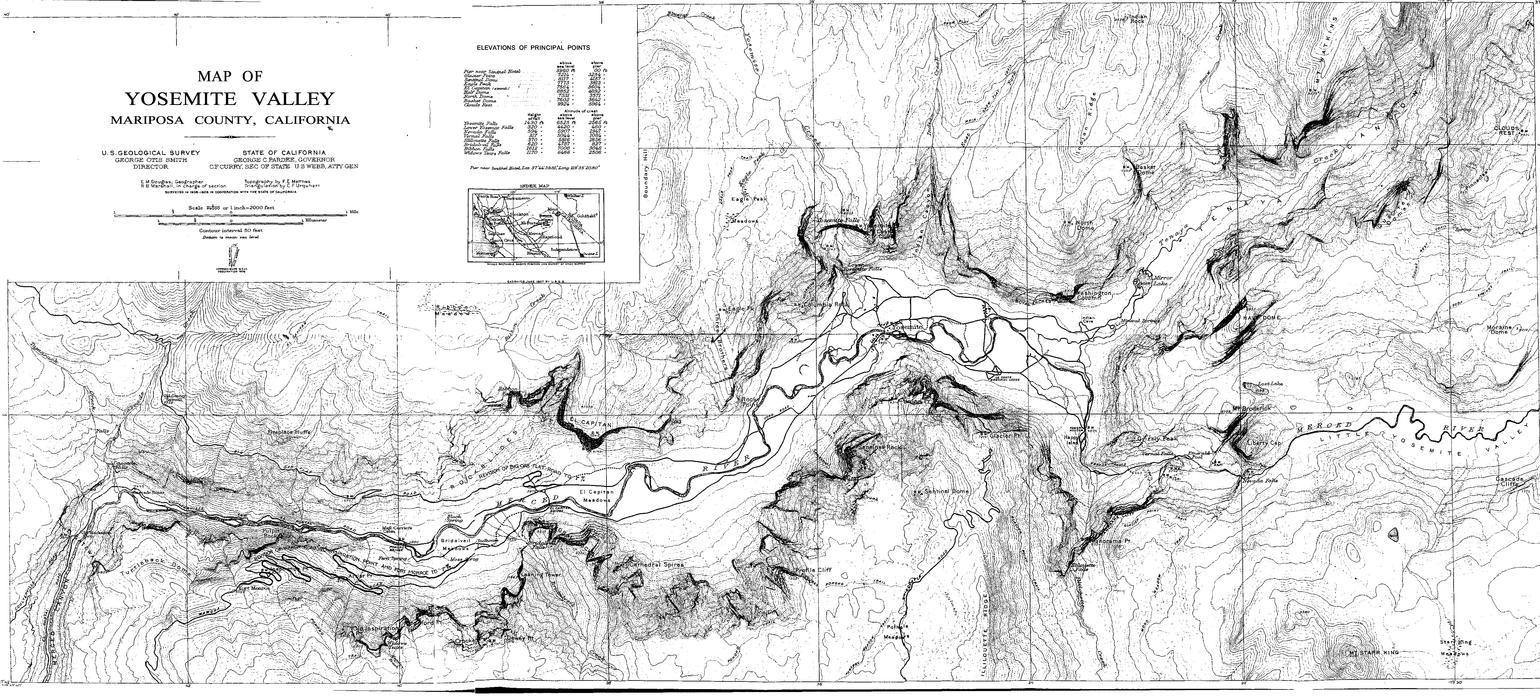 Illustration 57. Map of Yosemite Valley showing roads and projected revisions, 1912-13. From Automobile Club of Southern California Road Department Report on Condition of Roads into Yosemite Valley, 1912, in Central Files, RG 79, NA