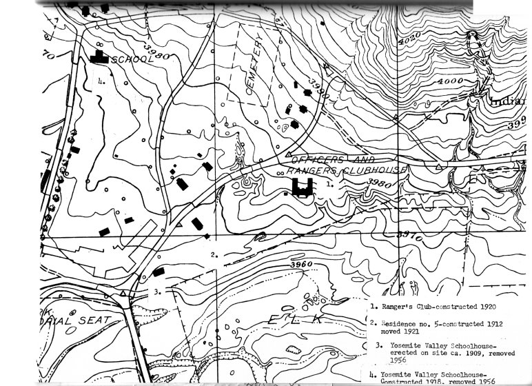 Illustration 58. Map showing residence 5 (#2) built in 1912 by the U. S. Army near the present intersection of the shuttlebus and residence roads. The Park Service moved it in 1921 to the residential area where it is still used for employee housing. The schoolhouse (#3) moved to the north side of the Merced served as a residence after completion of a new school in 1918 until torn down in 1956