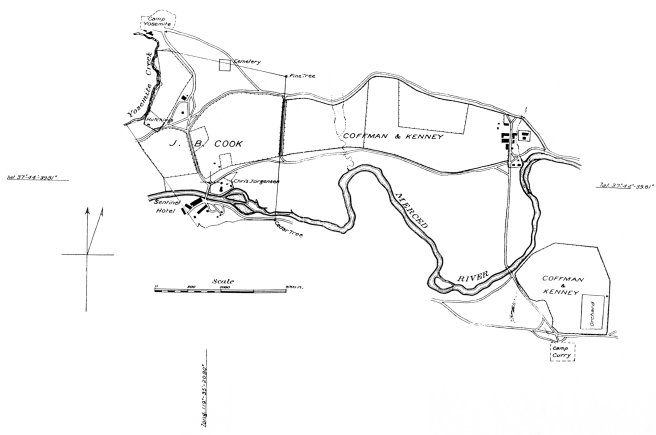 Illustration 60. Plat of land leased to J. B. Cook, Chris Jorgensen, and Coffman and Kenney, plus locations of Camp Yosemite and Camp Curry. H. C. Benson to Secretary of the Interior, 22 October 1906, Letters Received by the Office of the Secretary of the Interior Relating to National Parks, 1872-1907 (Yosemite), RG 79, NA