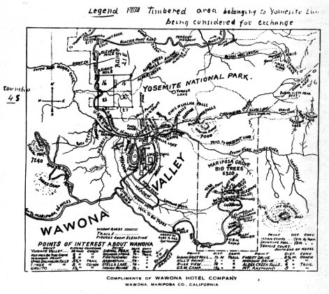 Illustration 61. Map of Wawona Hotel and points of interest in vicinity, ca. 1909-1912. From Washburn Papers, Yosemite Research Library and Records Center