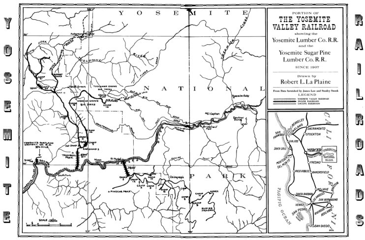 Illustration 65. Portion of the Yosemite Valley Railroad showing the Yosemite Lumber Co. R. R. and the Yosemite Sugar Pine Lumber Co. R. R. since 1907, drawn by Robert L. La Plaine. From Johnston, Railroads of the Yosemite Valley