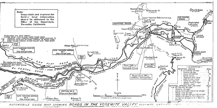 Illustration 67. Automobile guide map of roads in Yosemite Valley, 1917. From Department of the Interior pamphlet, ''Automobile Guide Map Showing Roads in the Yosemite Valley,'' 1917