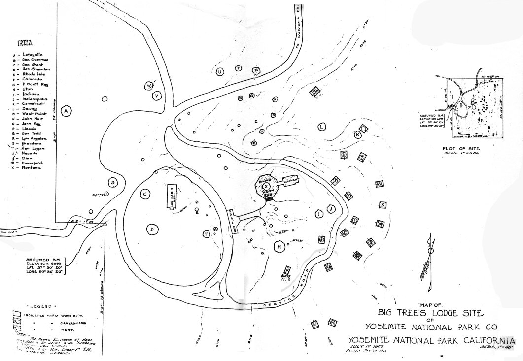 Illustration 88. Map of Big Trees Lodge site, 17 July 1920, revised 1923. NPS, Denver Service Center files