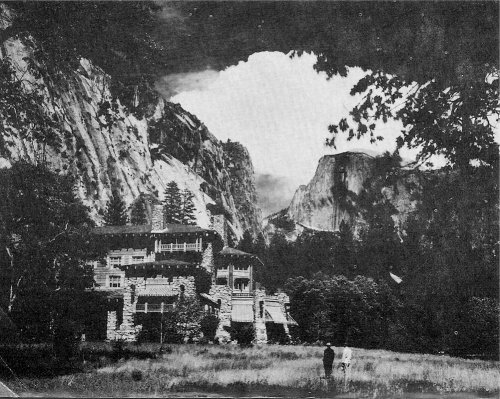 Ahwahnee Meadow with Ahwahnee Hotel (left), Royal Arches (left), Washington Column (center), and Half Dome (right)
