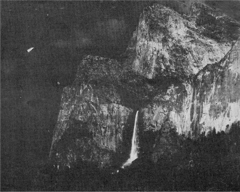 Bridalveil Fall and Cathedral Rocks, thunderstorm, Yosemite Valley. By Ansel Adams