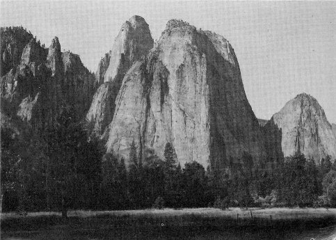 Cathedral Spires (slender pinnacles on left) and Cathedral Rocks. By Ward