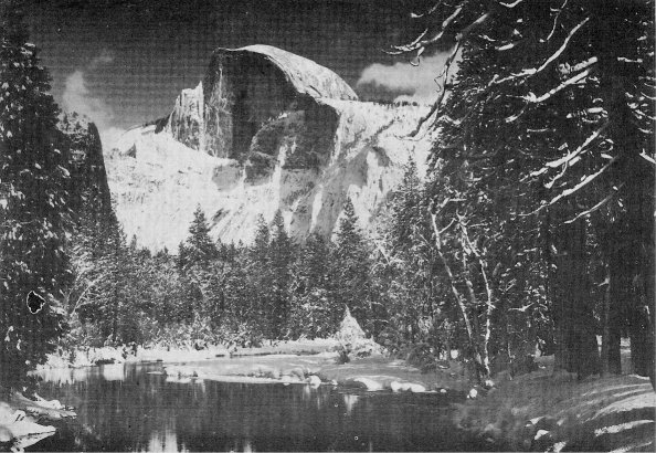 Half Dome and Merced River in winter. By Ansel Adams