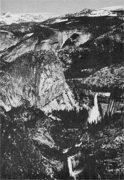 Liberty Cap (left center), Nevada Fall (right), Vernal Fall (lower right). By Ansel Adams