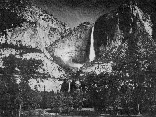 Yosemite Falls from near Old Village. Lost Arrow to right of upper fall. By Ansel Adams