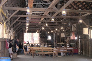 gray barn, inside view with students
